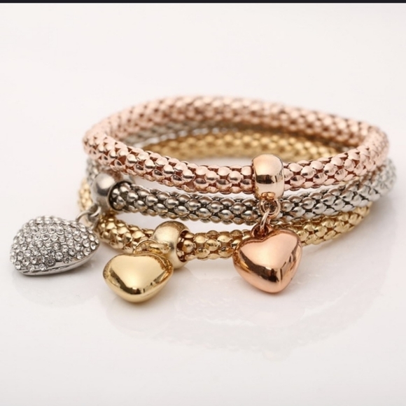 New 3 Heart Charm Triple Layer Stretch Bracelets - Picture 3 of 6